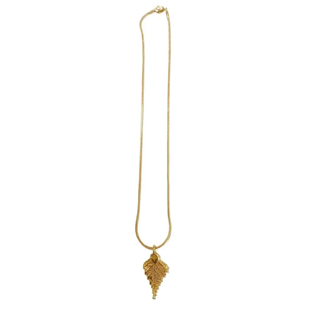 Vintage Gold Plated SERPENTINE Chain with Gold Leaf Pendant, Minimalist Necklace
